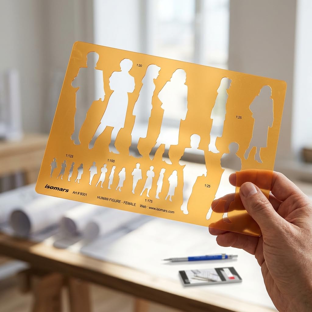 Isomars Human Figure Male & Female Template Combo, Multi Scale Architectural People Stencil Set with 40 Human Silhouettes in 1:20, 1:25, 1:100, 1:125 & 1:175 for Architecture, Interior Design, Urban Planning & Blueprint Rendering