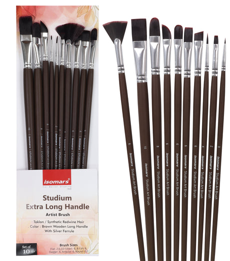 Isomars Studium Extra Long Handle Artist Paint Brush Set Of 10 For Acrylic And Oil Painting