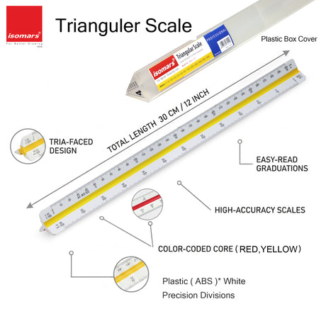 Isomars Triangular Scale 12 Inch with Stainless Steel Measuring Ruler 12 Inch Combo Set | Architect & Engineering Drafting Ruler | Multi-Scale Metric Drawing Tool for Students & Professionals - Isomars
