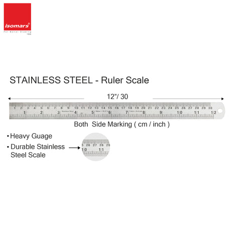 Isomars 12 Inch Aluminium Cutting Ruler & 12 Inch Stainless Steel Scale Combo | Dual Side CM & Inch Markings | Precision Measuring Rulers for Drawing, Drafting, Craft, Office & School Use - Isomars