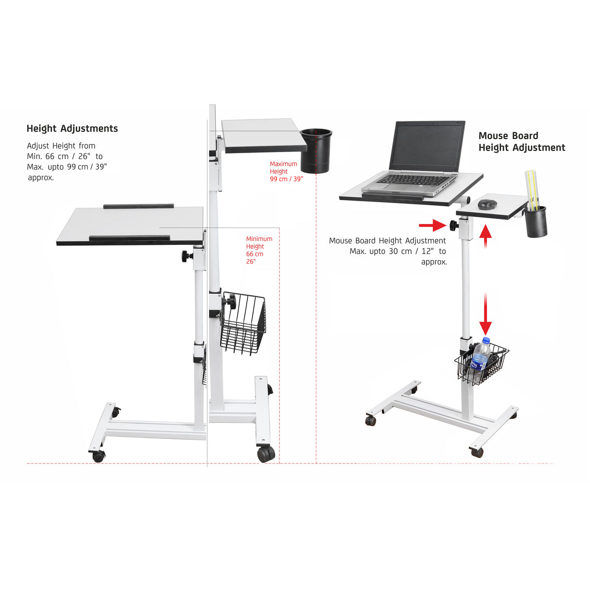 Isomars Multipurpose Laptop Table Study Desk, Caster Lockable Wheels, & Height Adjustable for Breakfast Table, Work from Home & Online Classes (White)