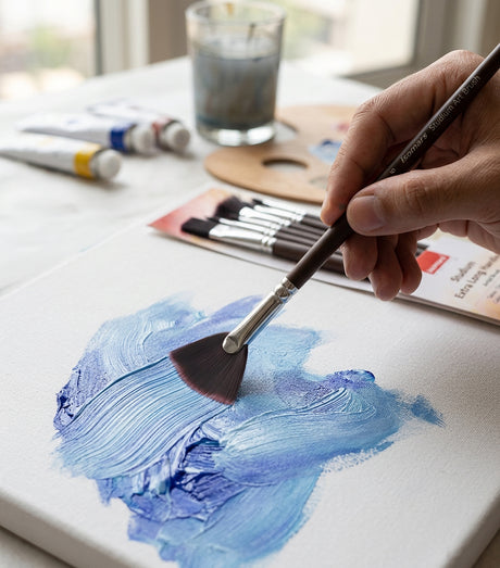 Long Wooden Handle Artist Brush Set With Fan Flat Filbert And Detail Brushes