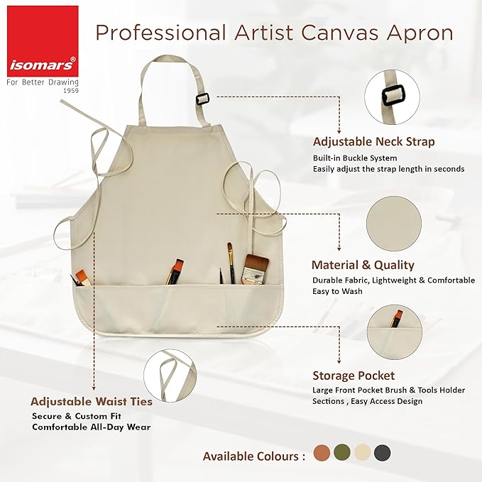 Isomars Painter’s Apron Grey Natural Canvas Art Apron with 3 Pockets | Full Coverage Protective Artist Apron for Painting, Pottery, Craft, DIY & Studio Work | Large 25.5 x 36.5 Inch