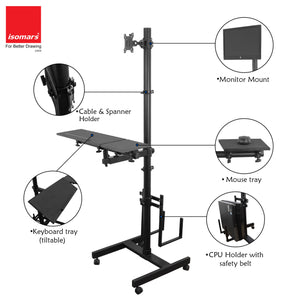 Isomars Computer Standing Desktop Workstation with Monitor Mount Adjustable Height with Keyboard & Mouse Tray Space for CPU Holder, Sit Stand Table Comes with Wheels for Easy to Move.