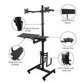 Isomars Computer Standing Desktop Workstation with Dual Monitor Mount Adjustable Height with Keyboard & Mouse Tray Space for CPU Holder, Sit Stand Table comes with Wheel for easy to move