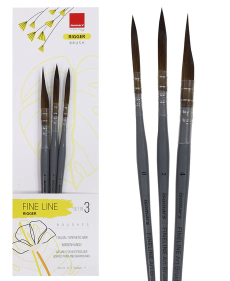 Isomars Fineline Rigger Brush Set Of 3 For Watercolor And Long Stroke Painting
