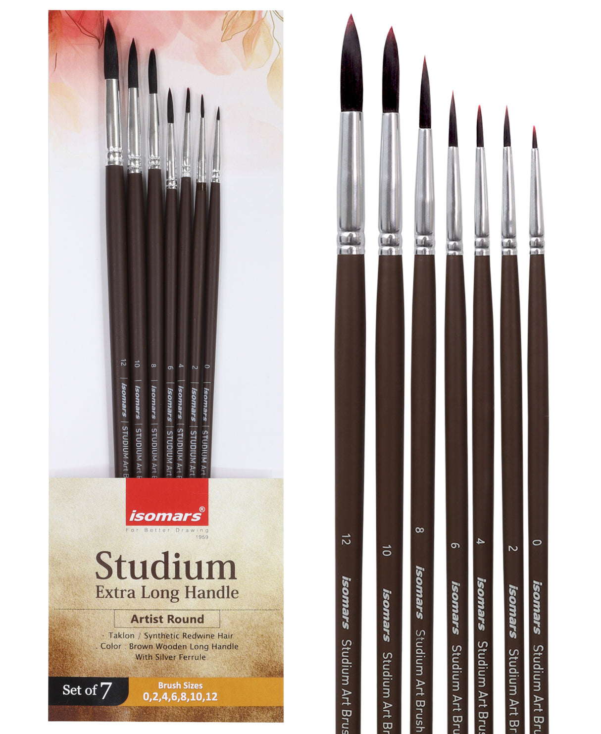 Isomars Studium Extra Long Handle Round Paint Brush Set Of 7 For Acrylic And Watercolor Painting