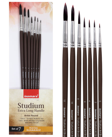 Isomars Studium Extra Long Handle Round Paint Brush Set Of 7 For Acrylic And Watercolor Painting