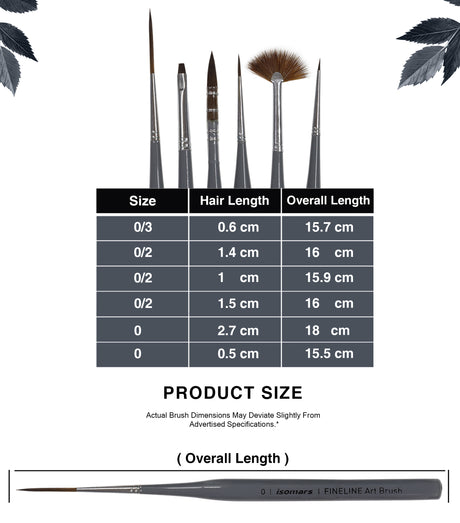 Isomars Fineline Art Brush Set of 6 for Watercolor Acrylic and Gouache Painting
