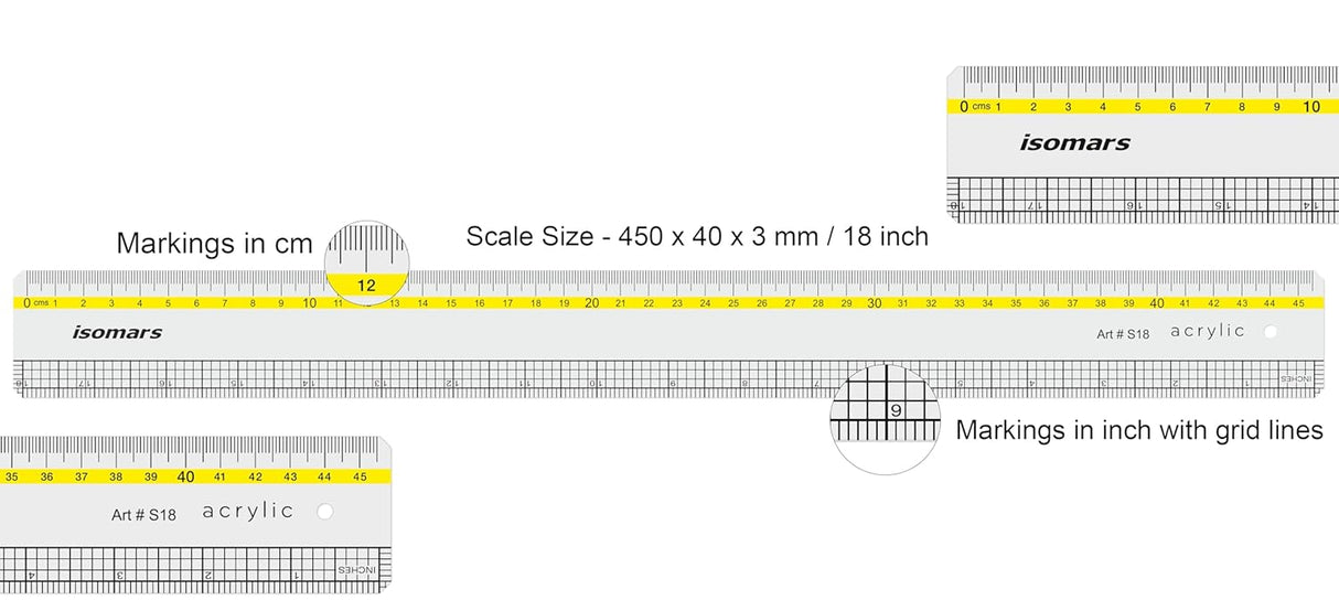 Isomars Clear Acrylic Ruler with Grid Lines 18 Inch | Transparent Precision Measuring Scale for Artists, Architects, Engineers, Designers & Students