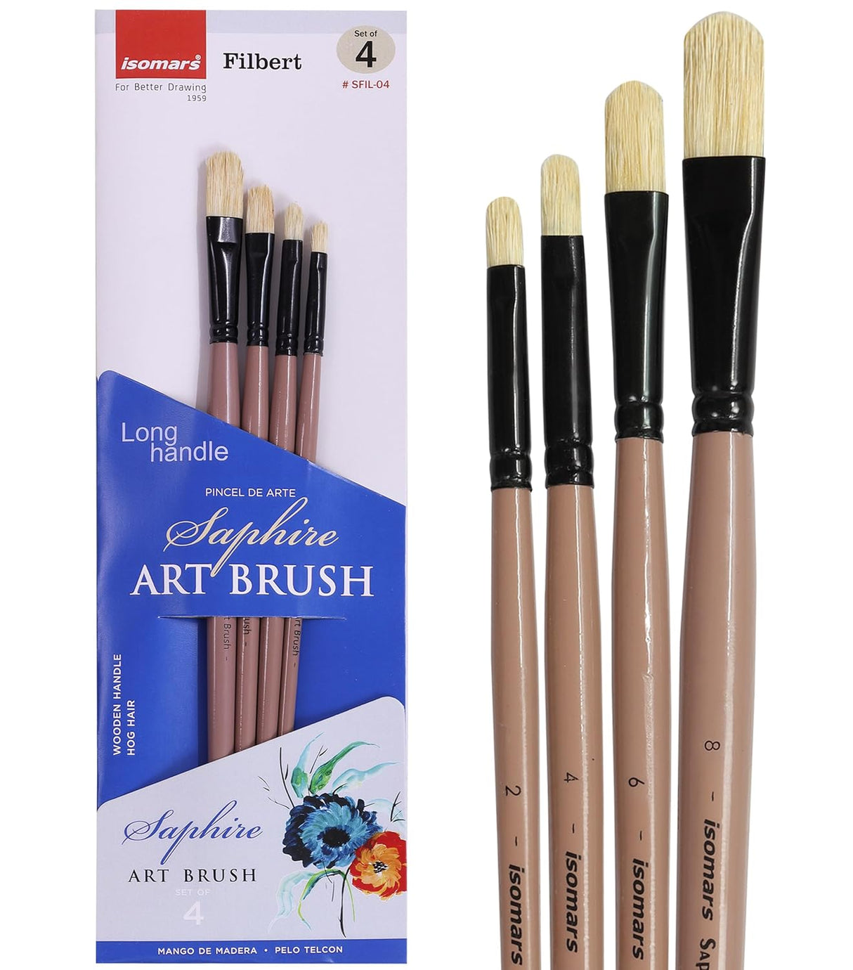 Saphire Filbert Paint Brush Set of 4 Professional Hog Hair Long Handle Artist Brushes