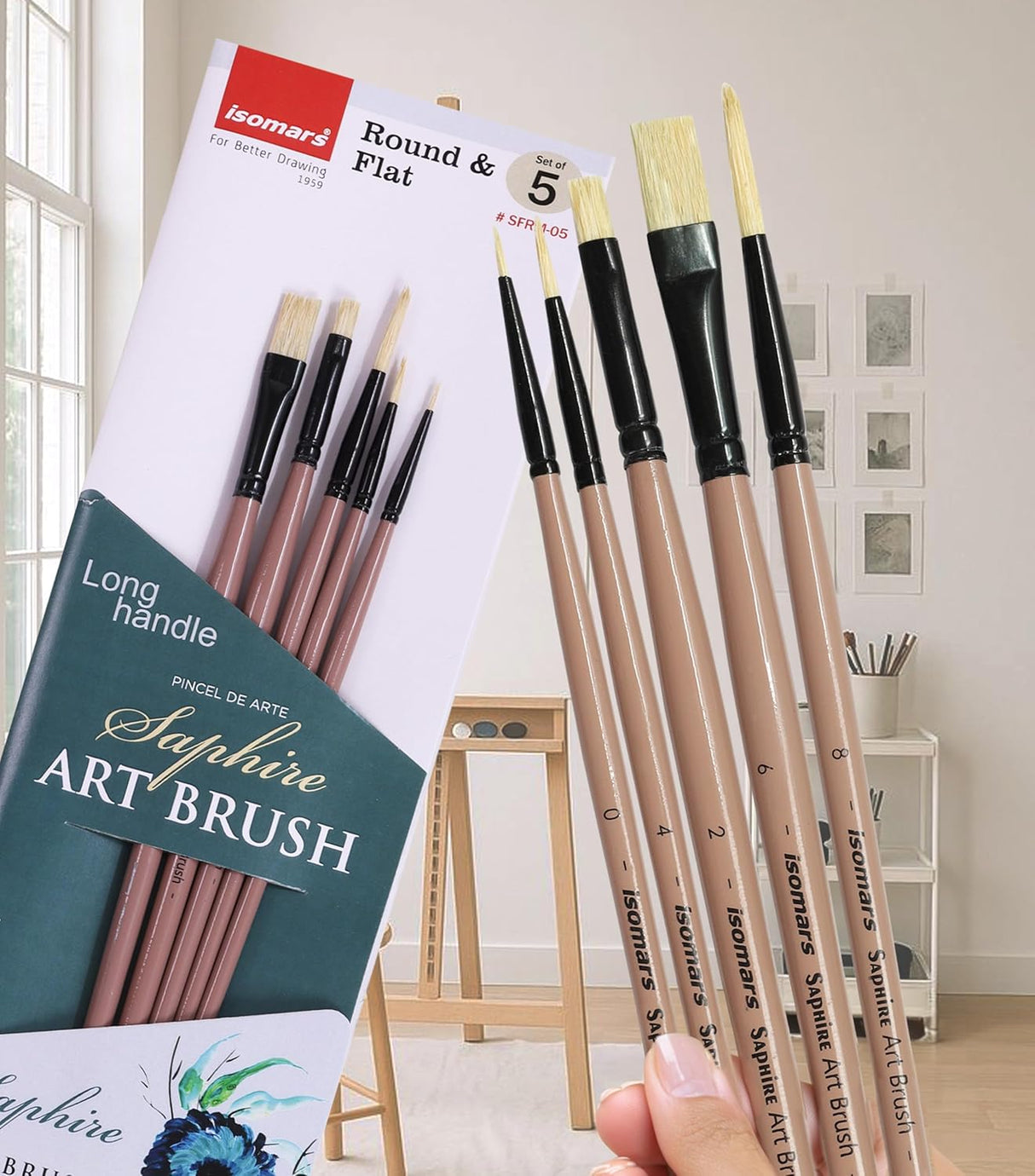 Saphire Flat & Round Paint Brush Set of 5 for Artists | Professional Mixed Art Brush Set for Watercolor, Acrylic & Oil Painting | Smooth Blending, Fine Detailing & Even Strokes Multi-Purpose Brushes