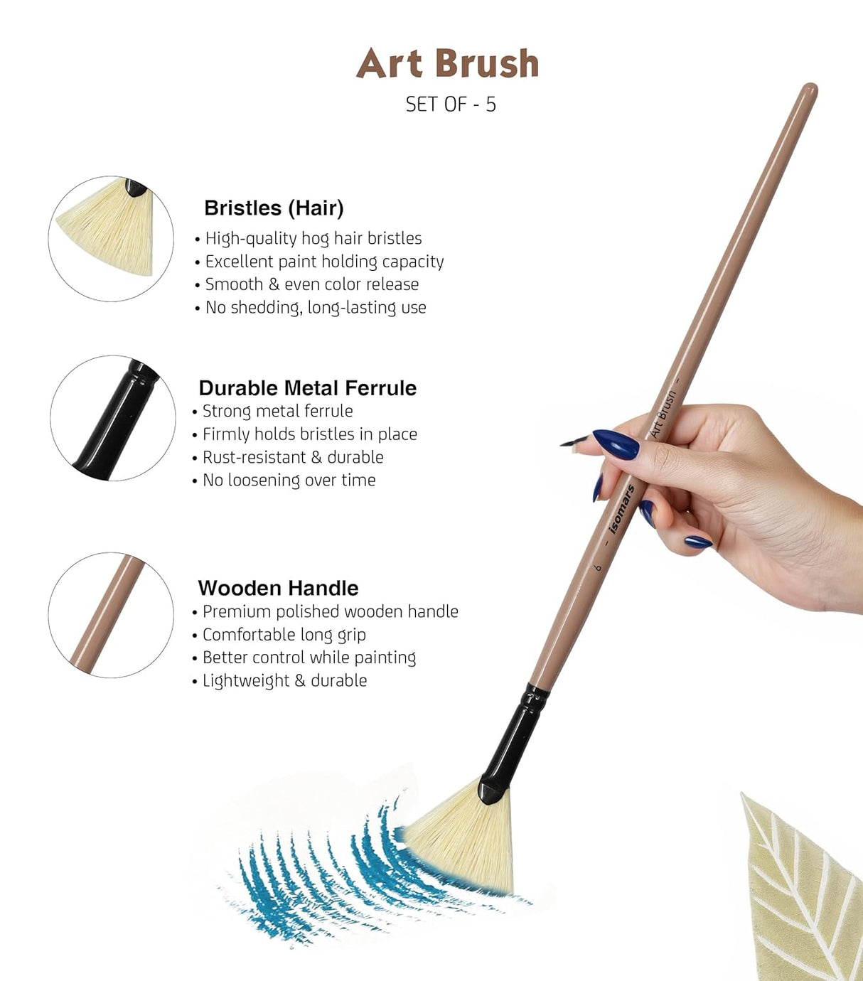 Saphire Painter’s Paint Brush Set of 7 | Professional Mixed Shape Hog Hair Artist Brushes for Acrylic & Oil Painting | Long Handle Canvas Brush Set (Filbert, Fan, Angular, Flat, Round, Deer Foot, Dagger)
