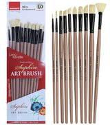 Saphire Professional Paint Brush Set of 10 | Mixed Long Handle Hog Hair Artist Brushes for Acrylic & Oil Painting | Filbert, Fan, Angular, Flat, Round, Deer Foot, Dagger, Cat’s Tongue Canvas Brush Set