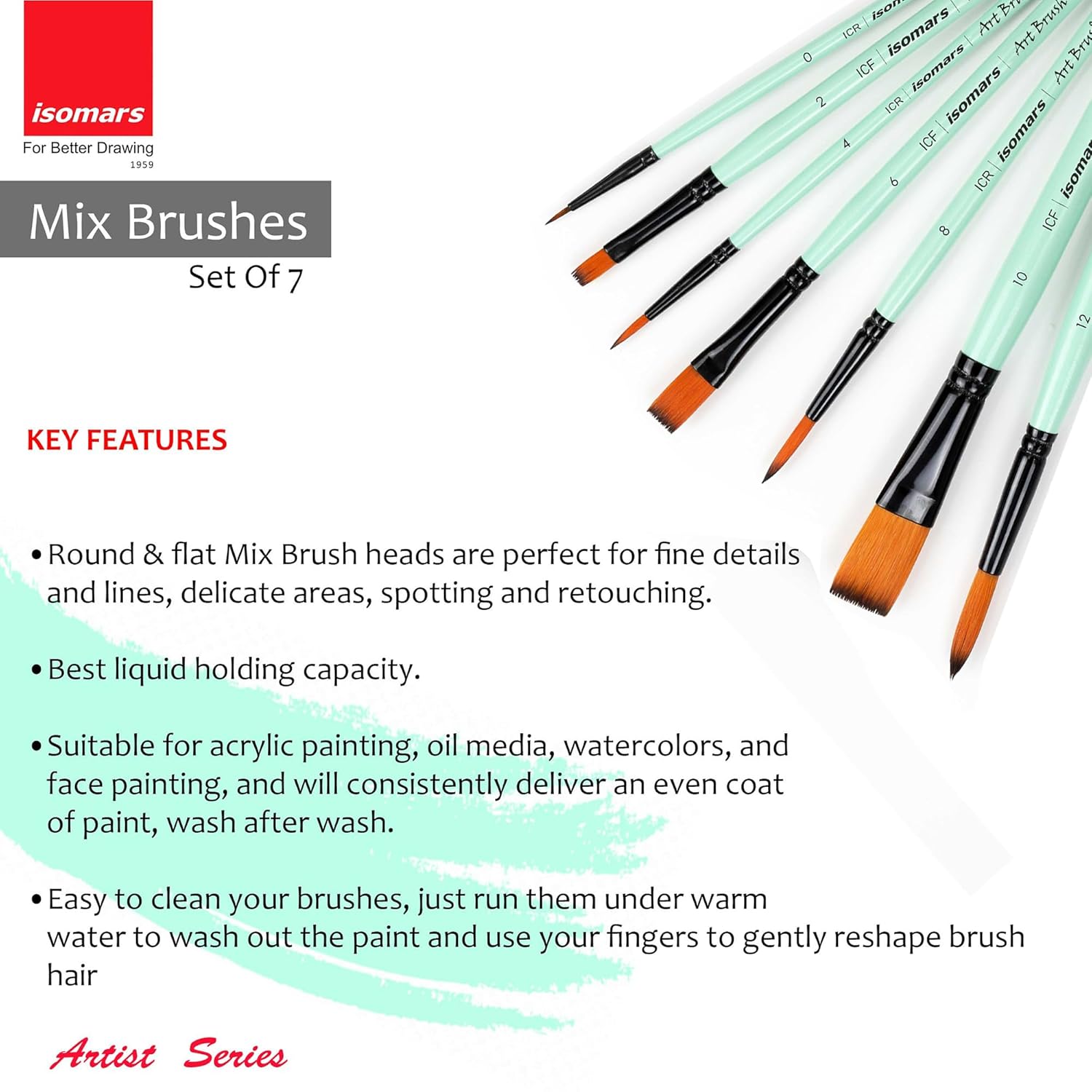 Set of 7 Synthetic Wooden Handle Paint Brushes for Students Hobbyists and Artists