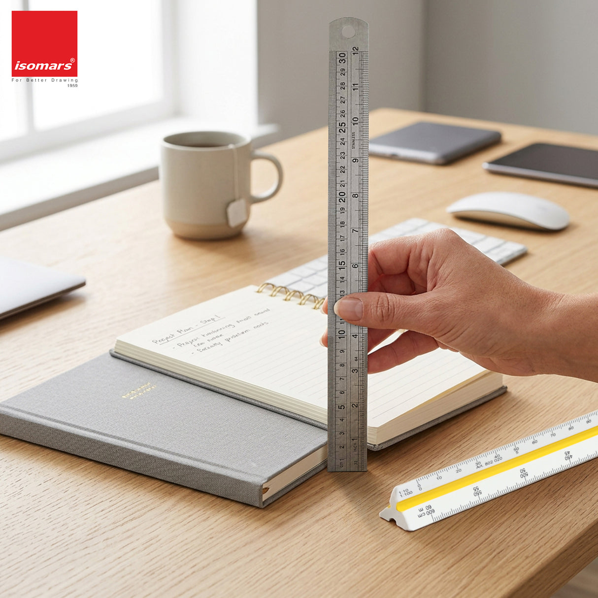 Isomars Triangular Scale 12 Inch with Stainless Steel Measuring Ruler 12 Inch Combo Set | Architect & Engineering Drafting Ruler | Multi-Scale Metric Drawing Tool for Students & Professionals