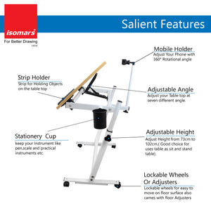 Isomars Multipurpose Laptop Table Study Desk Drawing Table, Caster Lockable Wheels, Adjustable Height and Angle for Work from Home, Office, Bedroom