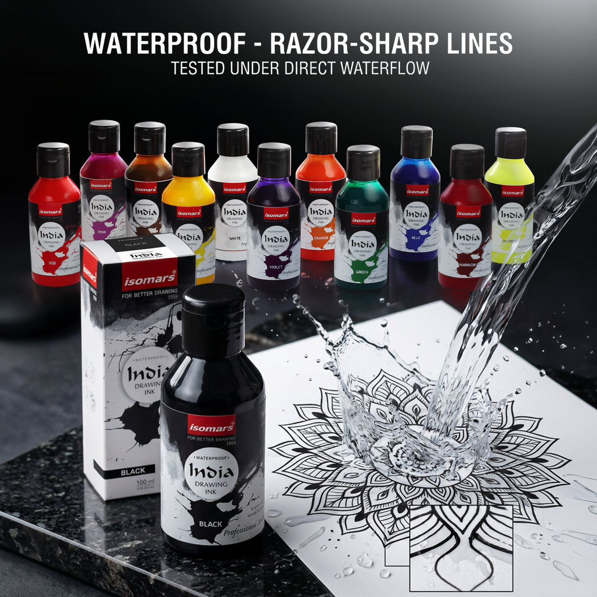 Isomars India Drawing Ink Set of 12 | 100 ml Each | Waterproof Colours