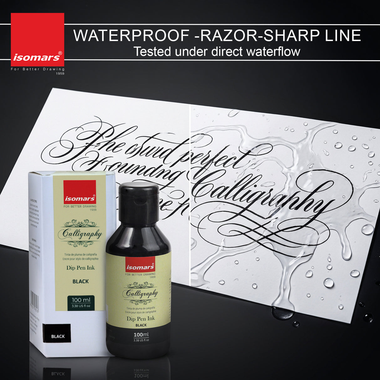 ISOMARS Calligraphy Dip Pen Ink Black, 100ml, Rich Pigmented Ink