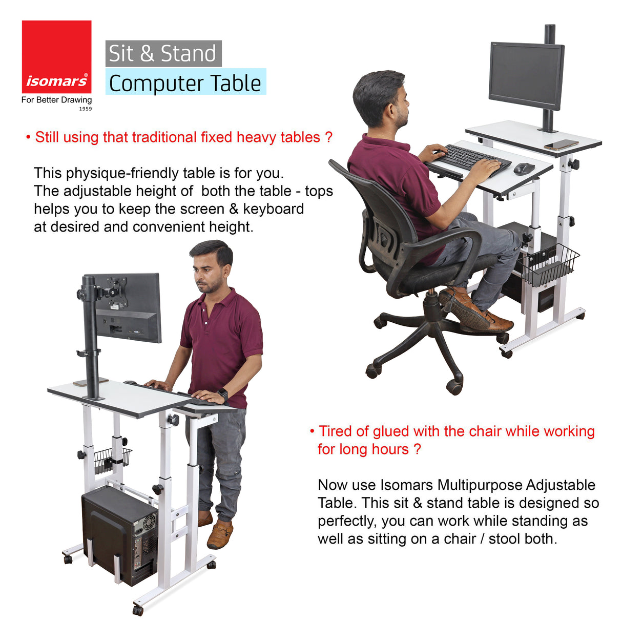 Isomars Desktop & Laptop Multipurpose Table and Adjustable Height & angles, Computer Workstation, Monitor Arm Pipe - Useful for Using Gadgets Like Desktop, Laptop Made In India (WHITE)