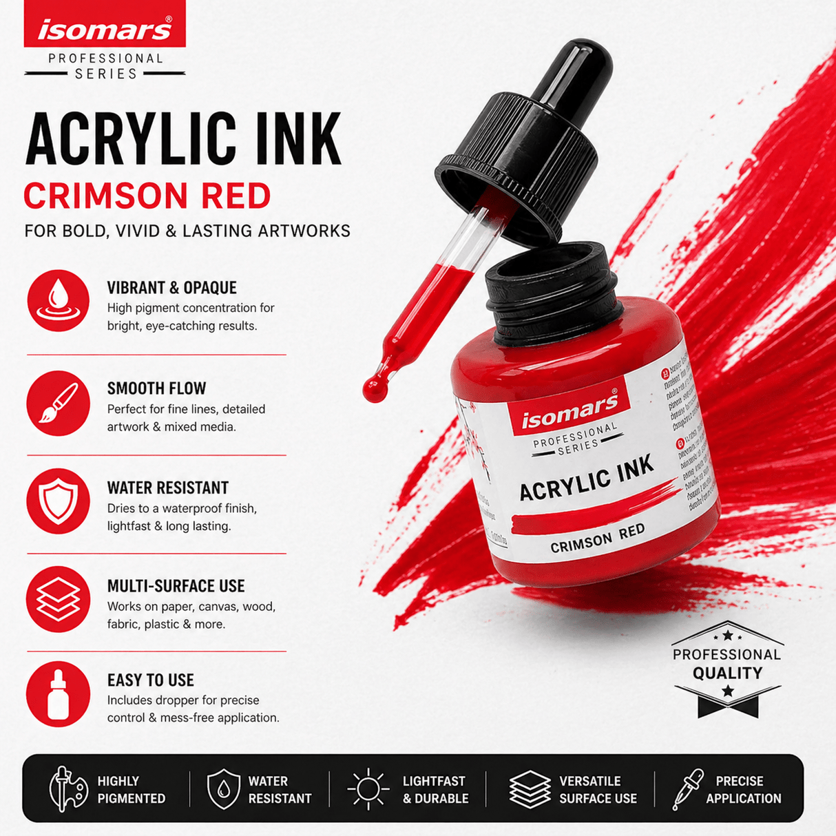 Acrylic Ink 35ml - Red – Waterproof, Fast-Drying, Rich Pigment – Ideal for Calligraphy, Drawing, Painting, and Mixed Media Art - Isomars