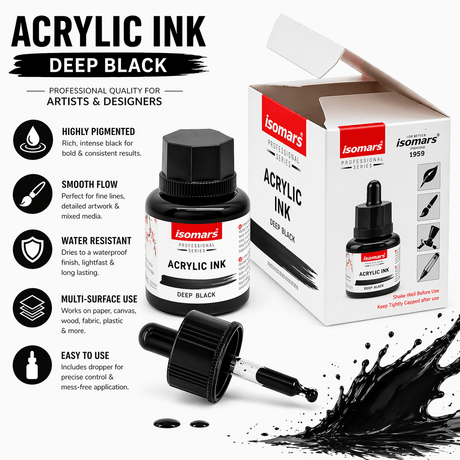 Acrylic Ink Black 35ml | Waterproof Fast-Drying Rich Pigment Ink for Calligraphy, Painting, Airbrush & Mixed Media Art - Isomars