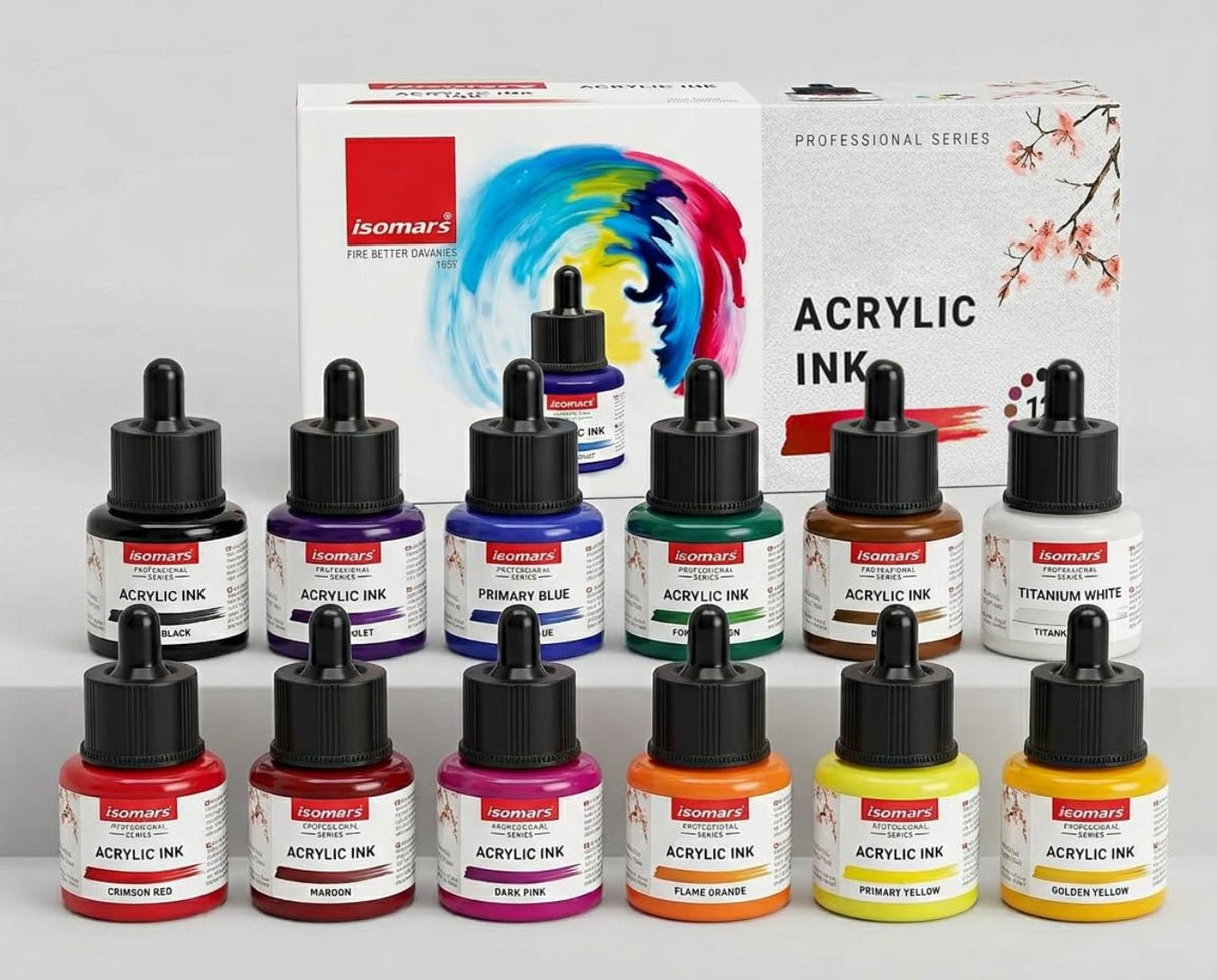 Acrylic Ink Set of 12 Colors with Dropper | Waterproof, Lightfast Professional Artist Inks for Canvas, Fabric, Illustration & Airbrush - Isomars