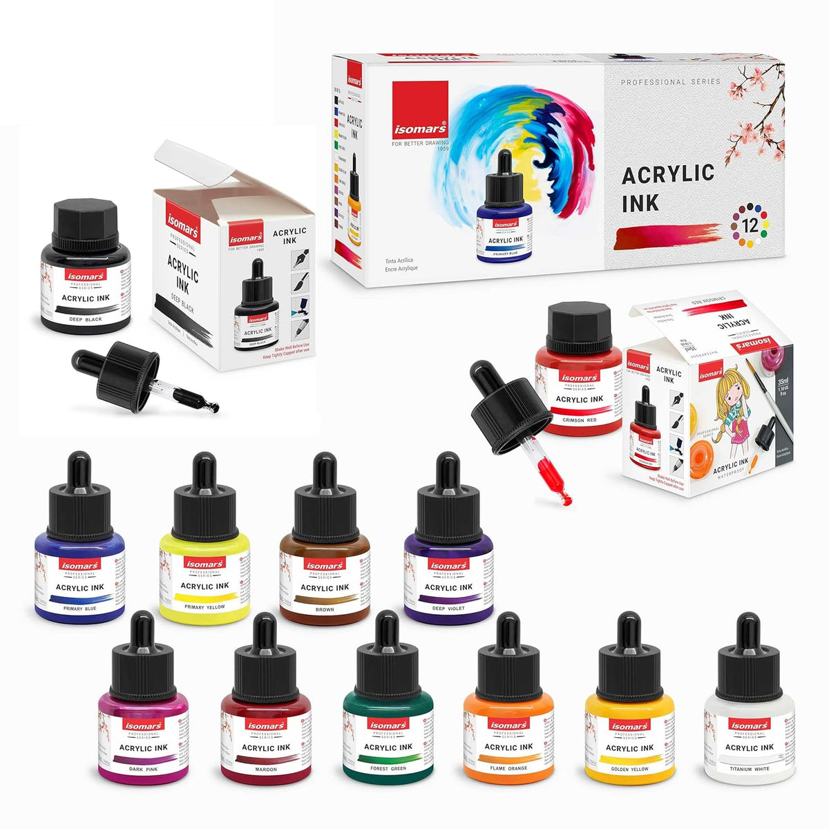 Acrylic Ink Set of 12 Colors with Dropper | Waterproof Artist Inks ...