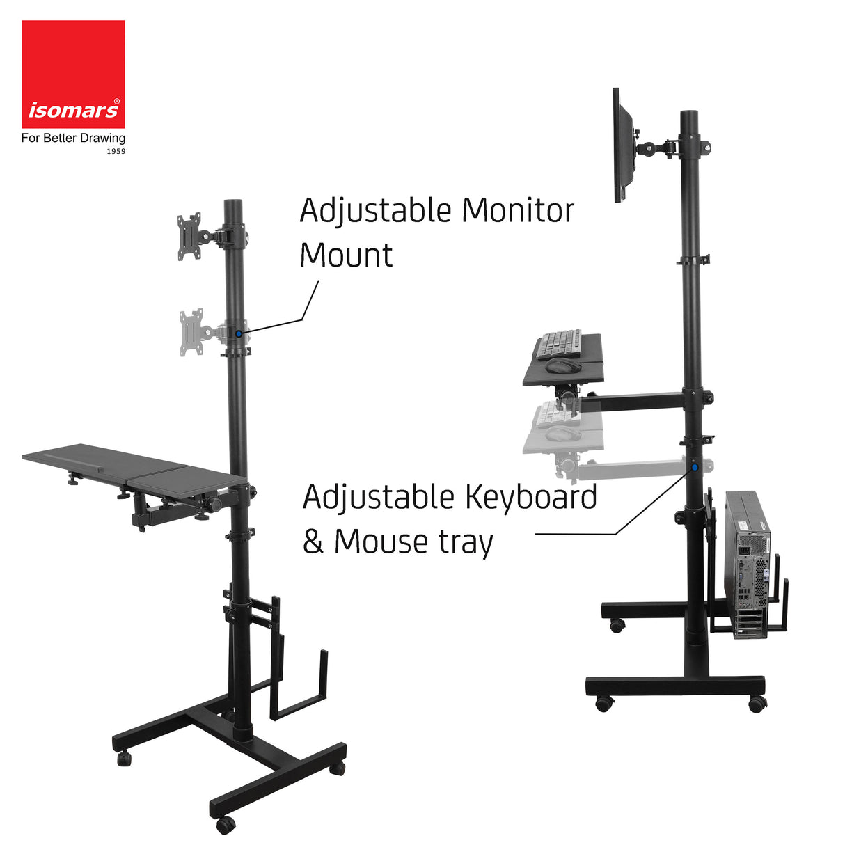 Isomars Computer Standing Desktop Workstation with Monitor Mount Adjustable Height with Keyboard & Mouse Tray Space for CPU Holder, Sit Stand Table Comes with Wheels for Easy to Move.