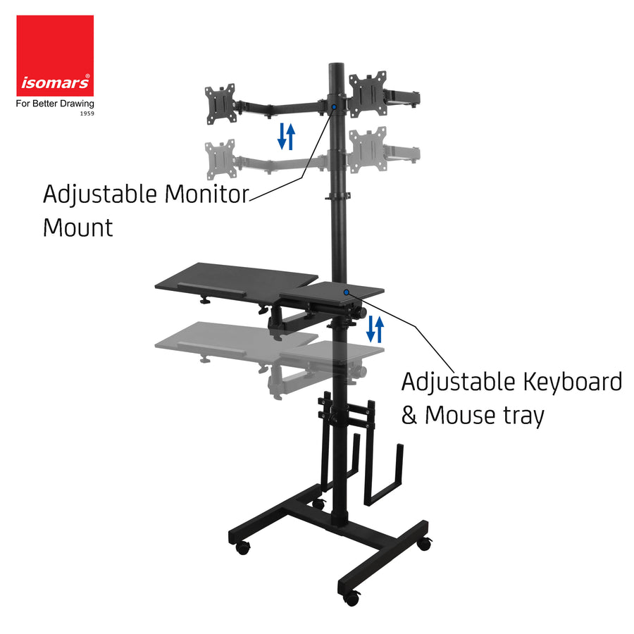 Isomars Computer Standing Desktop Workstation with Dual Monitor Mount Adjustable Height with Keyboard & Mouse Tray Space for CPU Holder, Sit Stand Table comes with Wheel for easy to move