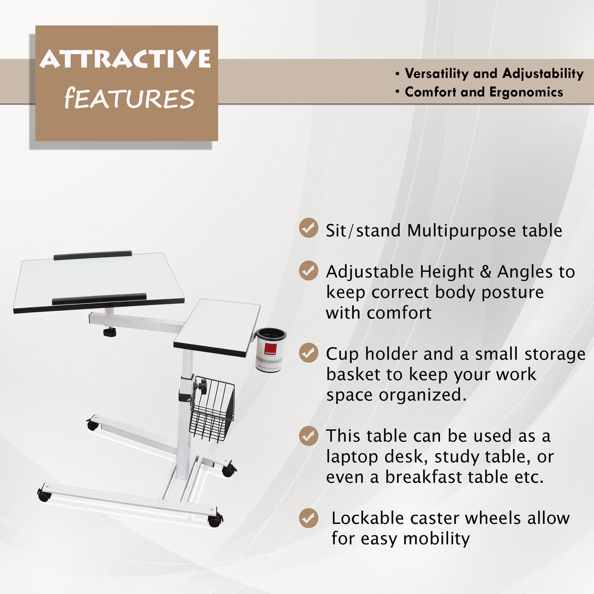 Isomars Metal 360° Rotatable Table Laptop Table Study Desk, Caster Lockable Wheels, & Height Adjustable for Breakfast Table, Work from Home & Online Classes