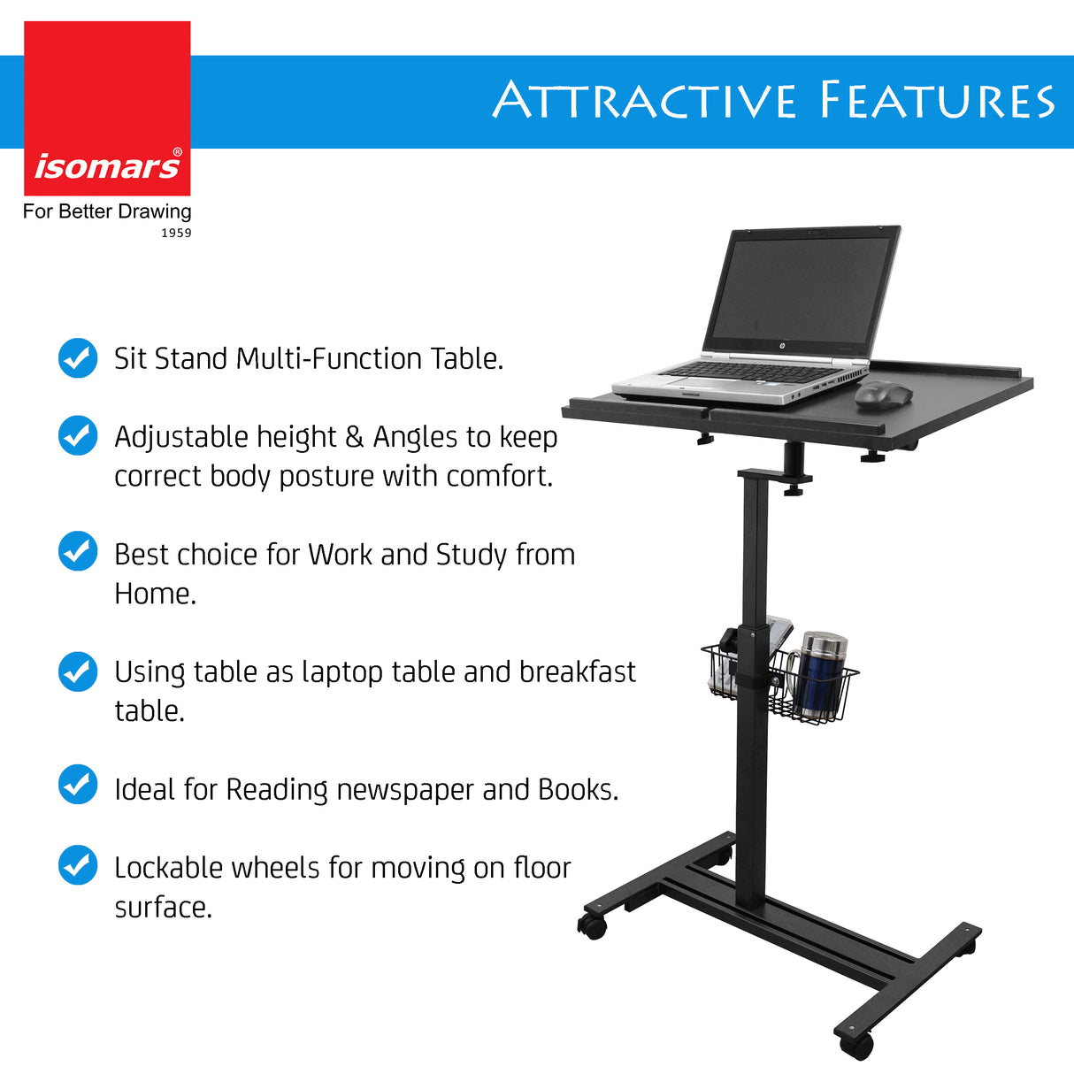 Isomars Multipurpose Laptop Table Hospital Table Study Desk, Caster Lockable Wheels, & Height Adjustable for Breakfast Table, Work from Home & Online Classes (Table Top - 24'' x 16'')