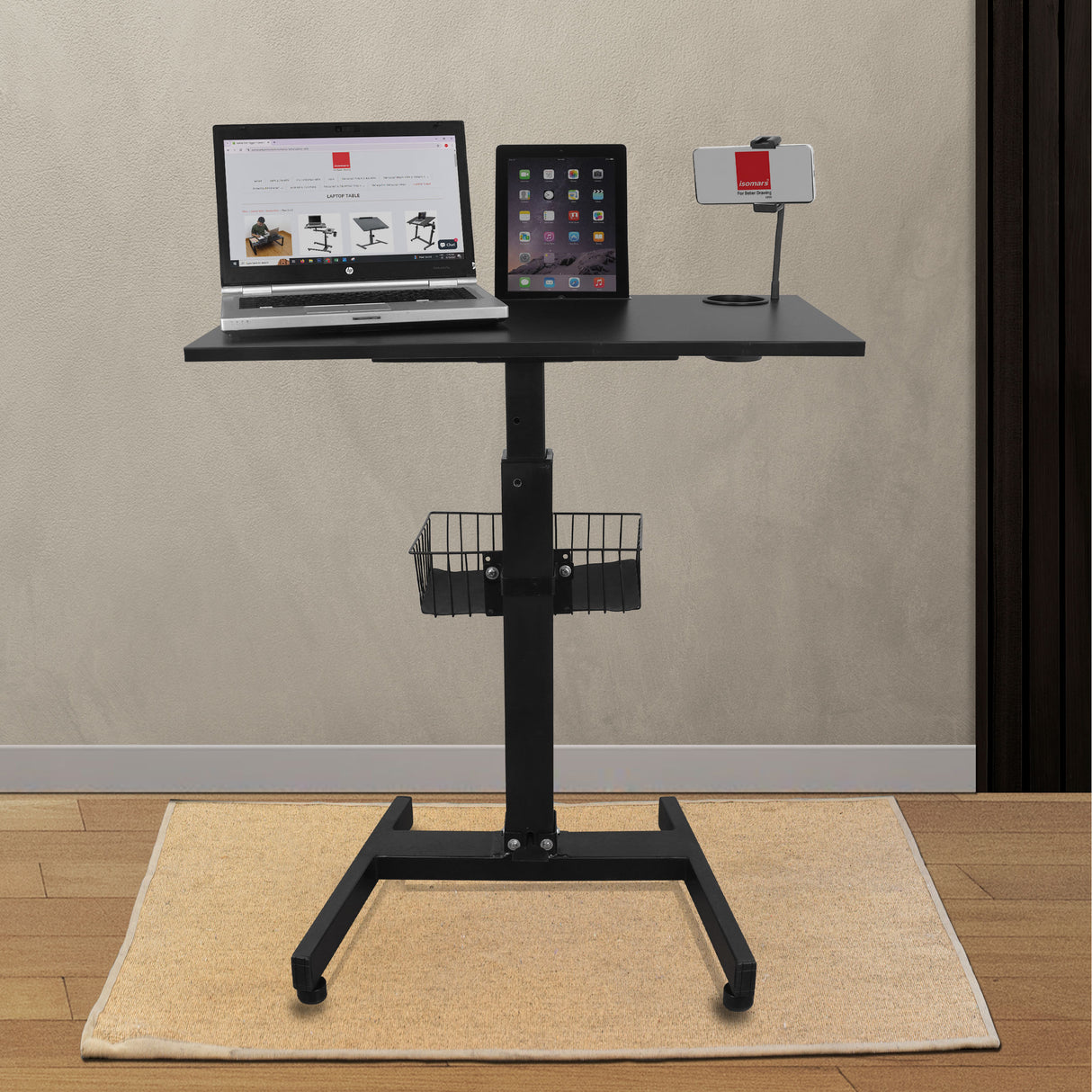 Isomars Airlift Made in India Multipurpose Height Adjustable 'SIT & Stand Laptop Table' with Foot Lever for Breakfast, Online Classes, Other Activities with Large Table Top (Black)