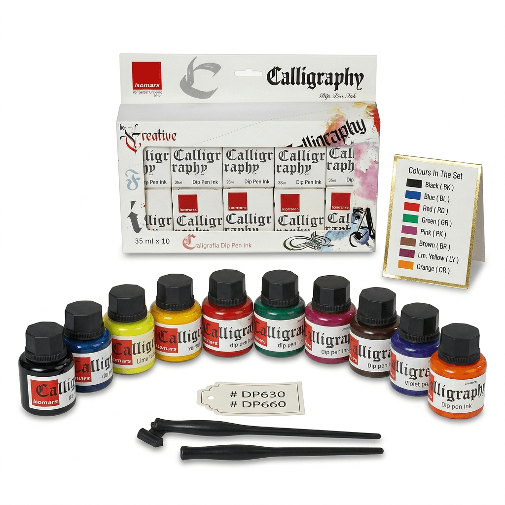 Calligraphy Ink (Set of 10) with FREE Straight and Oblique Holders - Isomars