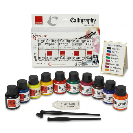 Calligraphy Ink (Set of 10) with FREE Straight and Oblique Holders - Isomars