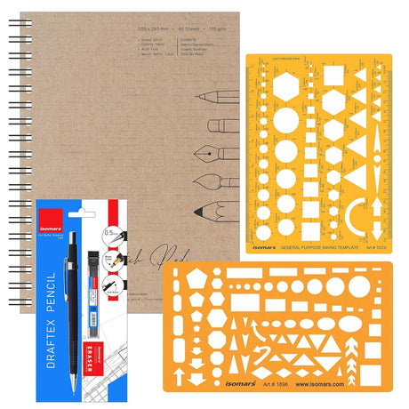 Drawing Kit (Pad, Assorted Shapes Templates & Pencil with Eraser) - Isomars