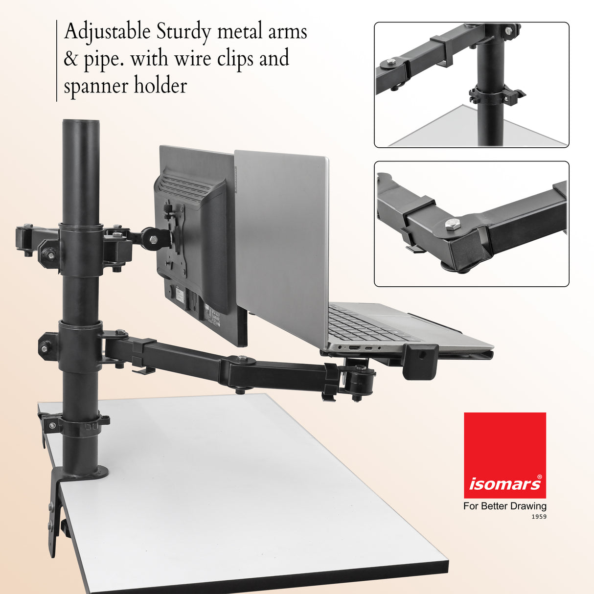 Isomars Laptop and Monitor Table Stand - Adjustable Height & Angles and Sides (Laptop & Monitor Mount)