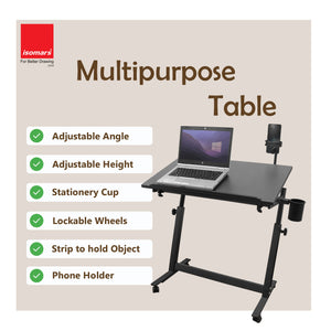 Isomars Multipurpose Laptop Table Study Desk Drawing Table, Caster Lockable Wheels, Adjustable Height and Angle for Work from Home, Office, Bedroom - Black (Alloy Steel)