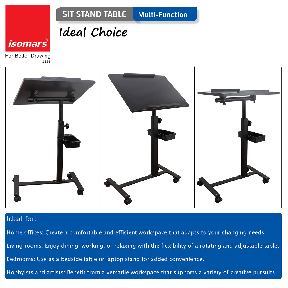 Isomars Multipurpose Laptop Table Study Desk, Lockable Wheels, & Adjustable Height And Angle For Breakfast Table, Wfh & Online Classes (Black)