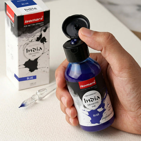 India Waterproof Drawing Ink Blue 100ml | Permanent Lightfast Artist Ink for Calligraphy, Airbrush, Illustration & Fabric Painting - Isomars