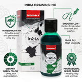 India Waterproof Drawing Ink Green 100ml | Permanent Lightfast Artist Ink for Calligraphy, Airbrush, Illustration & Fabric Painting - Isomars