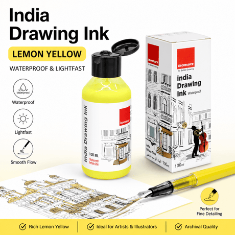 India Waterproof Drawing Ink Lemon Yellow 100ml | Permanent Lightfast Artist Ink for Calligraphy, Airbrush, Illustration & Fabric Painting - Isomars