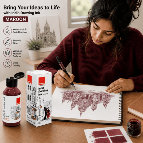 India Waterproof Drawing Ink Maroon 100ml | Permanent Lightfast Artist Ink for Calligraphy, Airbrush, Illustration & Fabric Painting - Isomars