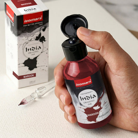 India Waterproof Drawing Ink Maroon 100ml | Permanent Lightfast Artist Ink for Calligraphy, Airbrush, Illustration & Fabric Painting - Isomars