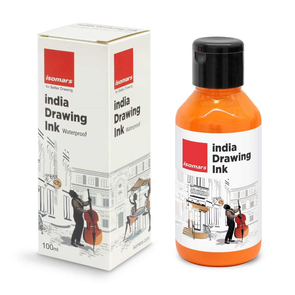 India Waterproof Drawing Ink Orange 100ml | Permanent Lightfast Artist Ink for Calligraphy, Airbrush, Illustration & Fabric Painting - Isomars