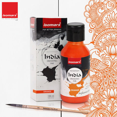 India Waterproof Drawing Ink Orange 100ml | Permanent Lightfast Artist Ink for Calligraphy, Airbrush, Illustration & Fabric Painting - Isomars