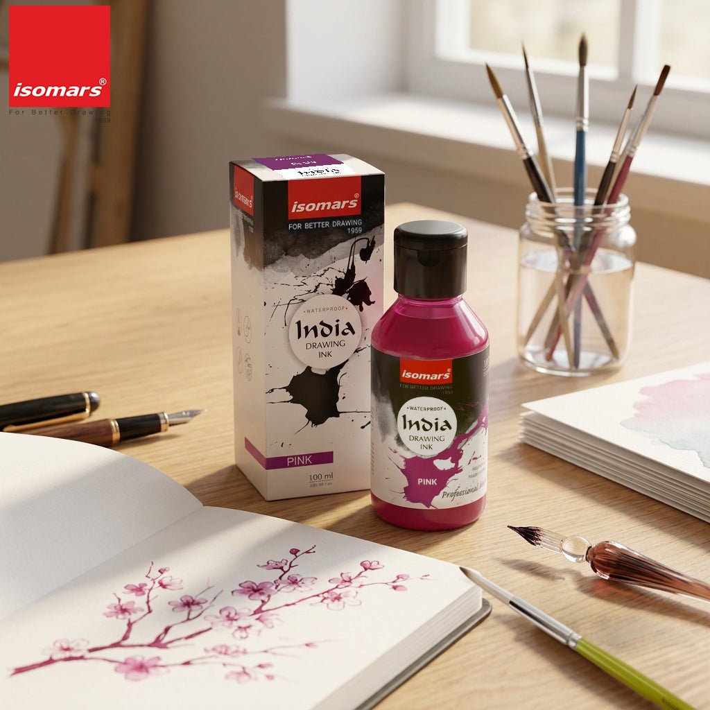 India Waterproof Drawing Ink Pink 100ml | Permanent Lightfast Artist Ink for Calligraphy, Airbrush, Illustration & Fabric Painting - Isomars