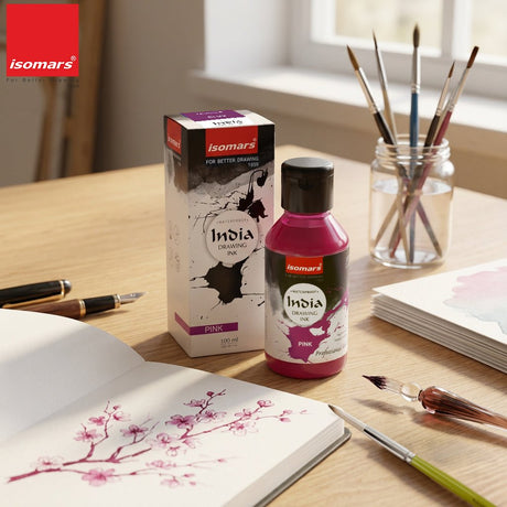 India Waterproof Drawing Ink Pink 100ml | Permanent Lightfast Artist Ink for Calligraphy, Airbrush, Illustration & Fabric Painting - Isomars