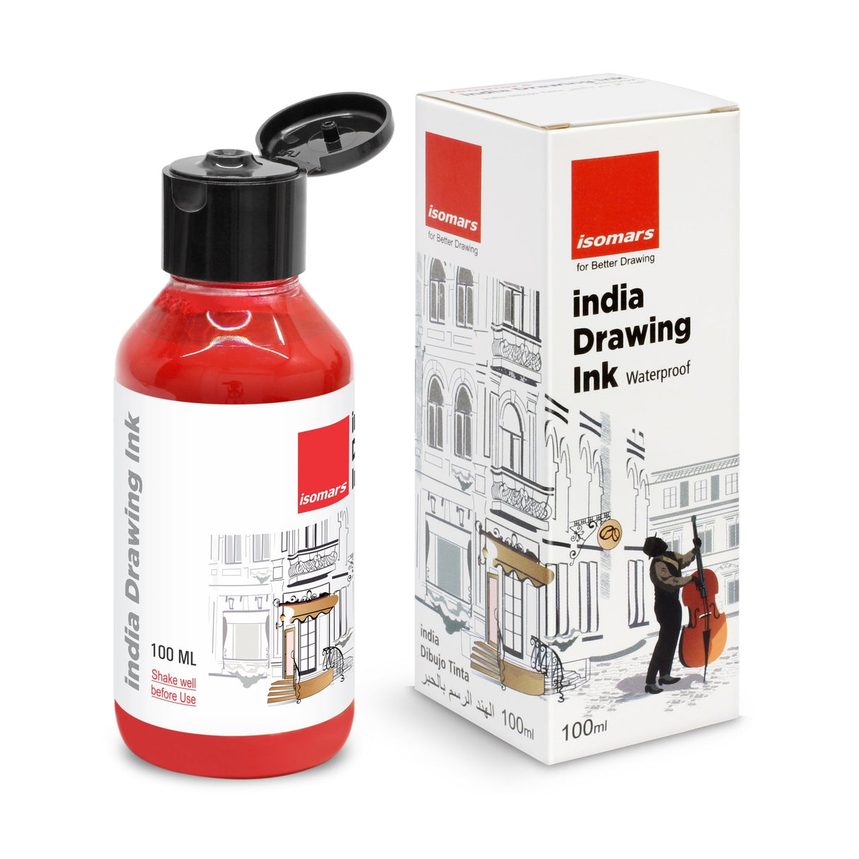 India Waterproof Drawing Ink Red 100ml | Permanent Lightfast Artist Ink for Calligraphy, Airbrush, Illustration & Fabric Painting - Isomars
