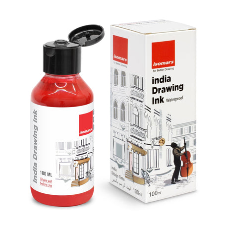 India Waterproof Drawing Ink Red 100ml | Permanent Lightfast Artist Ink for Calligraphy, Airbrush, Illustration & Fabric Painting - Isomars